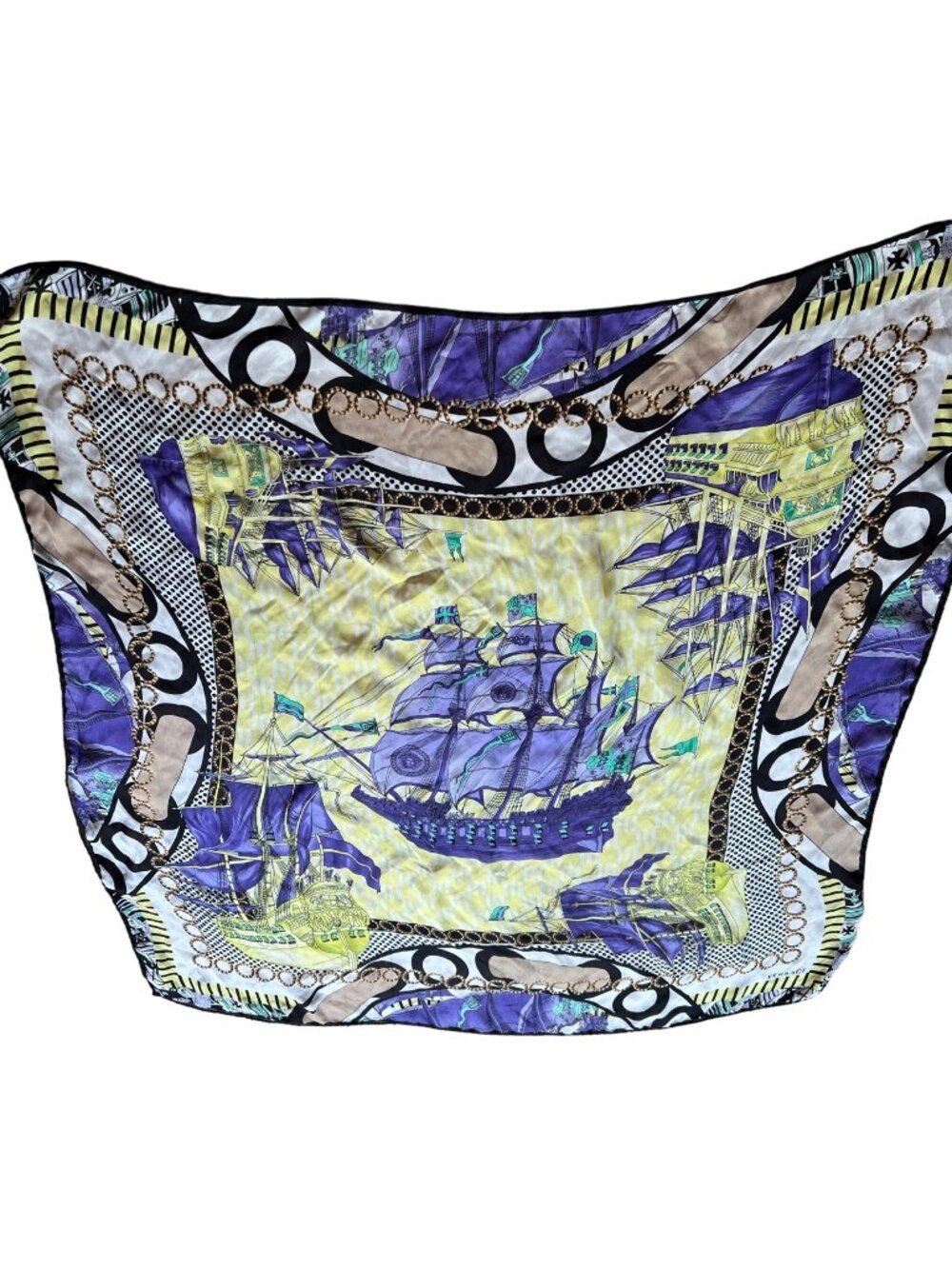 Vintage Size 34" x 34" Purple & Yellow Nautical Ship Border Print Silk Scarf